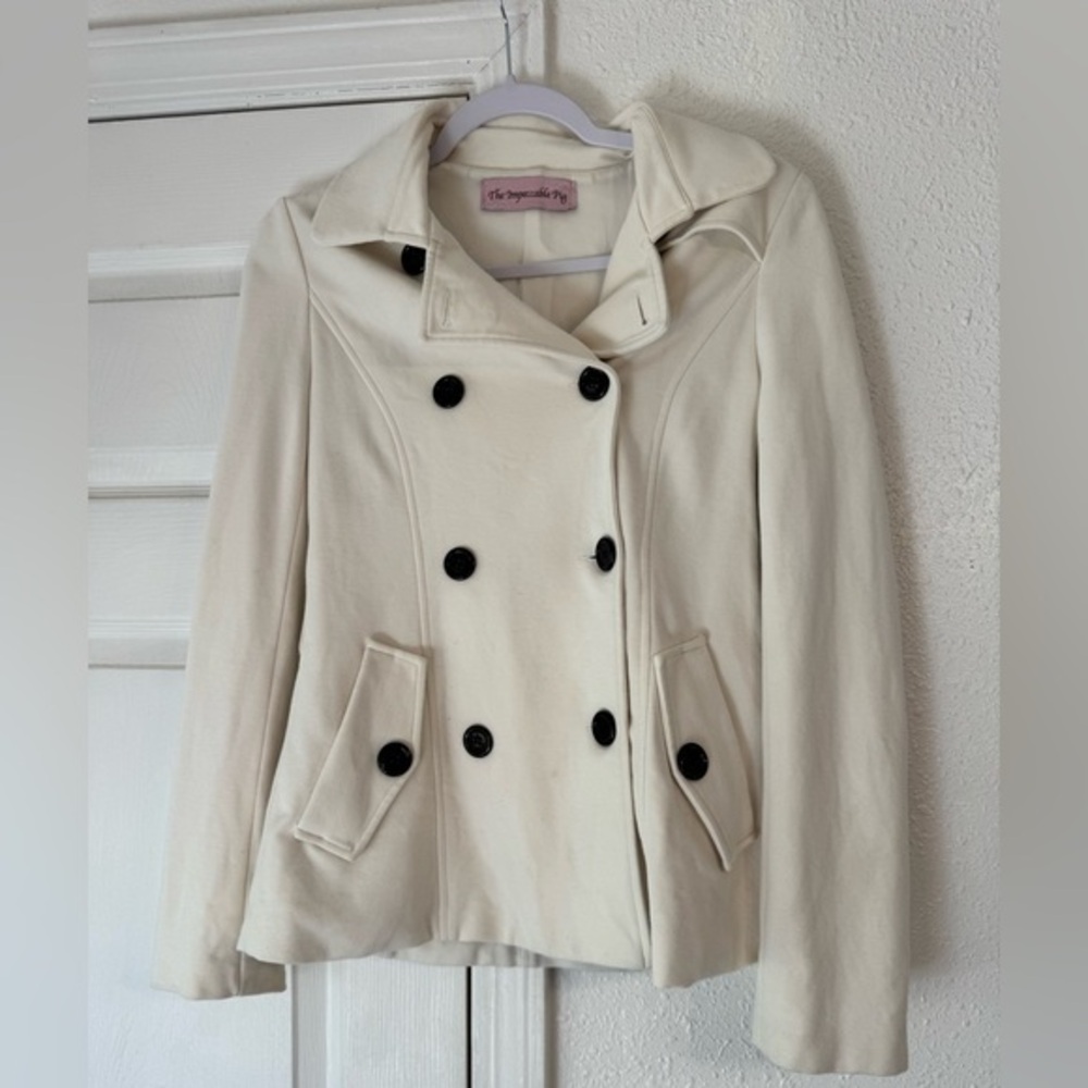The Impeccable Pig Women's Ivory Pea Coat with Black Buttons